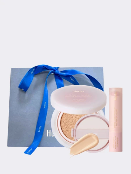 Набор: кушон + рефил + бальзам для губ Huxley Essence Cover Cushion & Lip Balm Set 01 Desert Peach Набор: кушон + рефил + бальзам для губ Huxley Essence Cover Cushion & Lip Balm Set 01 Desert Peach
