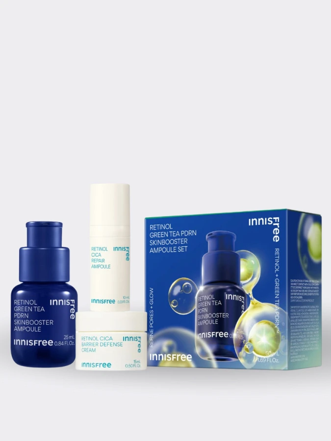 Набор для ухода за кожей с ретинолом и ПДРН innisfree Retinol Green Tea PDRN Skin Booster Ampoule Set